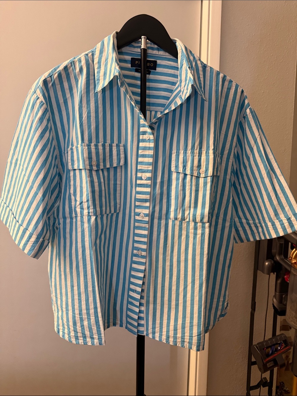 PIOMBO women’s Blue/White Striped 100% Cotton Button-Up Shirt size L Pockets NWT